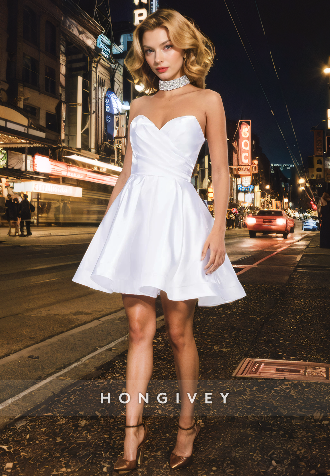 satin a-line V-Neck Strapless Ruched Short Homecoming Dress