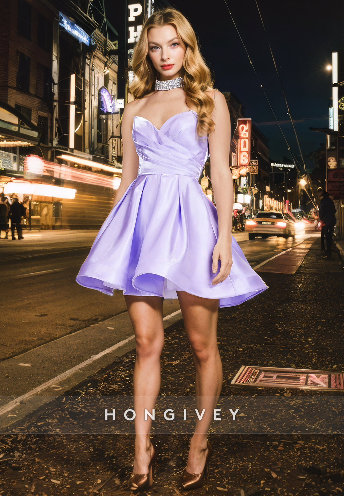 satin a-line V-Neck Strapless Ruched Short Homecoming Dress
