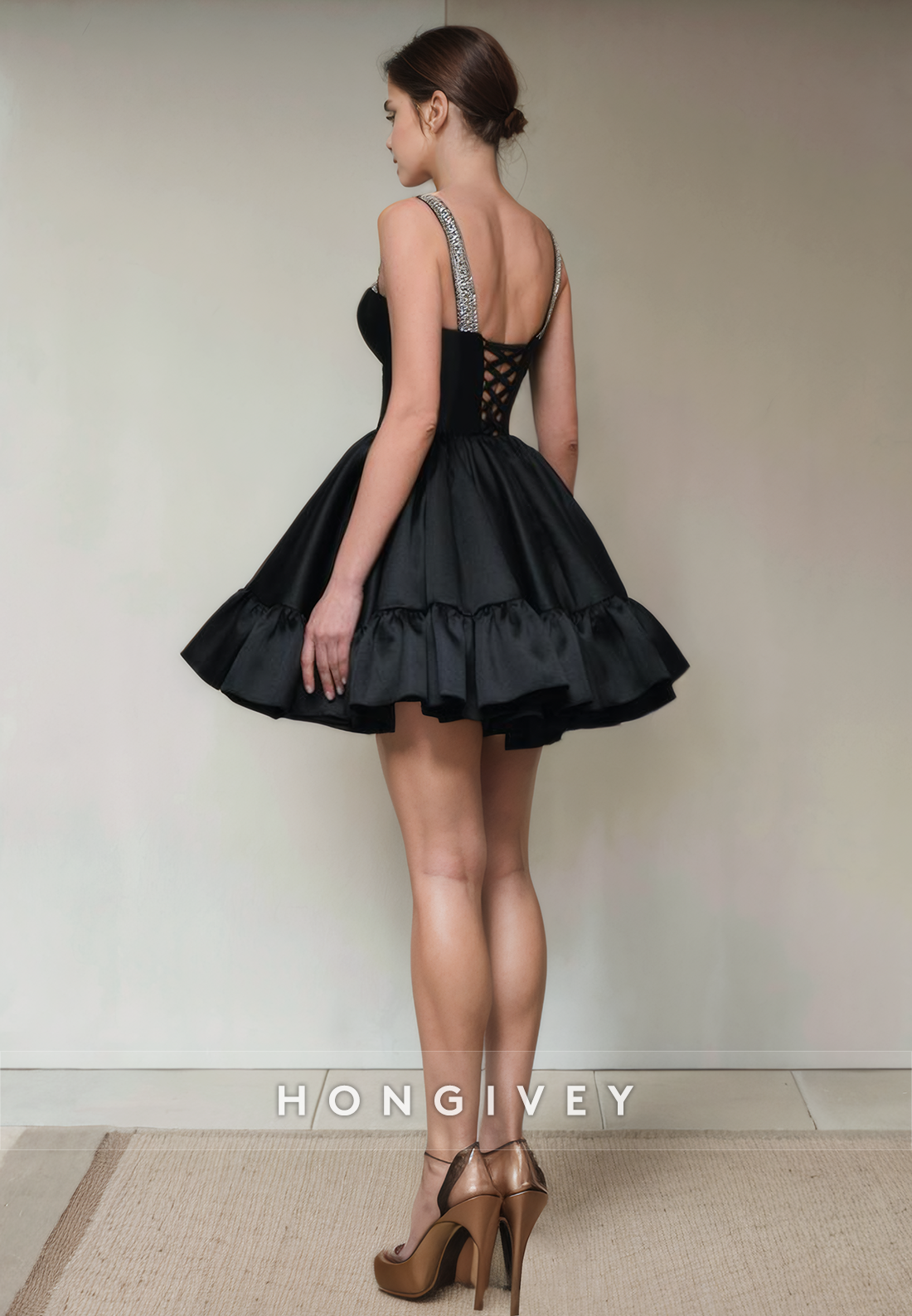 Satin A-Line Sweetheart Beaded Spaghetti Straps Short Party Homecoming Dress