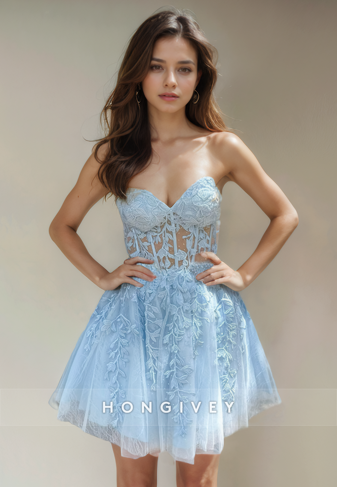 Sheer Tulle A-Line Sweetheart Lace Applique Short Party Homecoming Dress