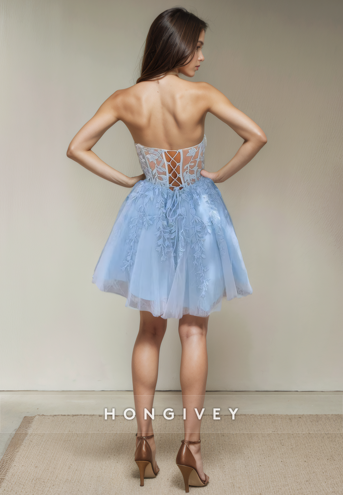 Sheer Tulle A-Line Sweetheart Lace Applique Short Party Homecoming Dress
