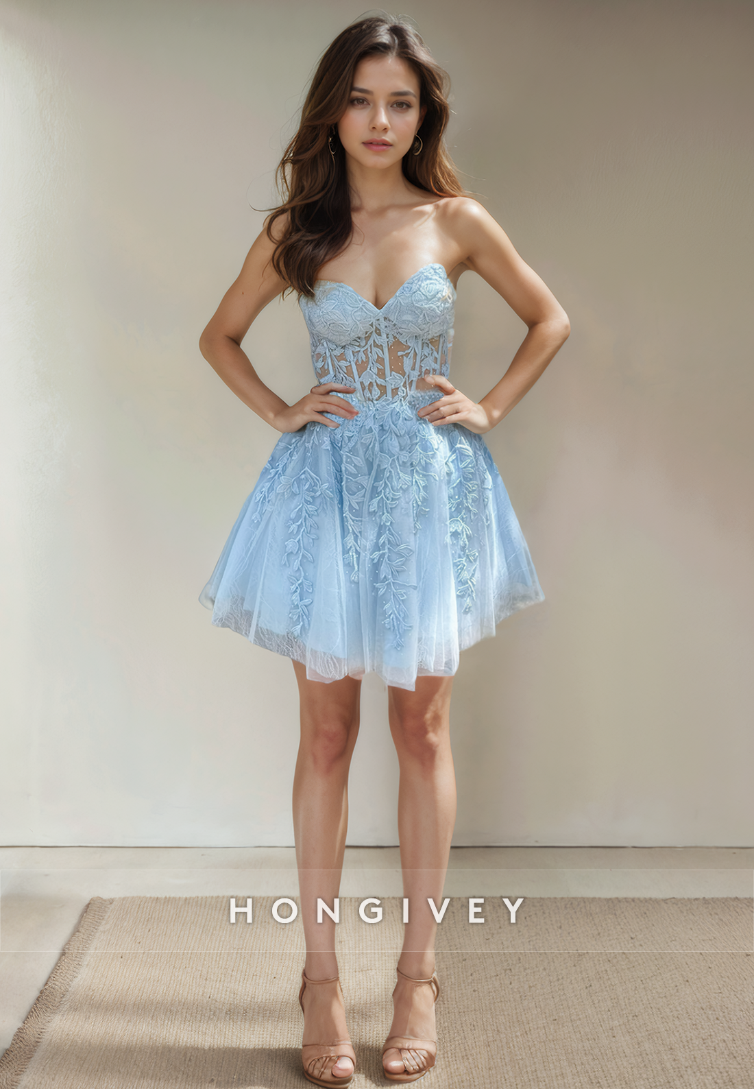 Sheer Tulle A-Line Sweetheart Lace Applique Short Party Homecoming Dress