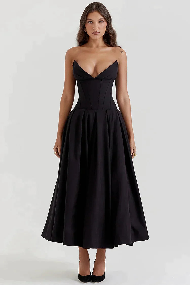 Satin Strapless Corset Pleated Pocket A-Line Midi Dress - View 7