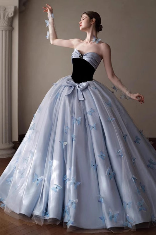 Strapless Sweetheart Butterfly Applique Tulle Ball Gown