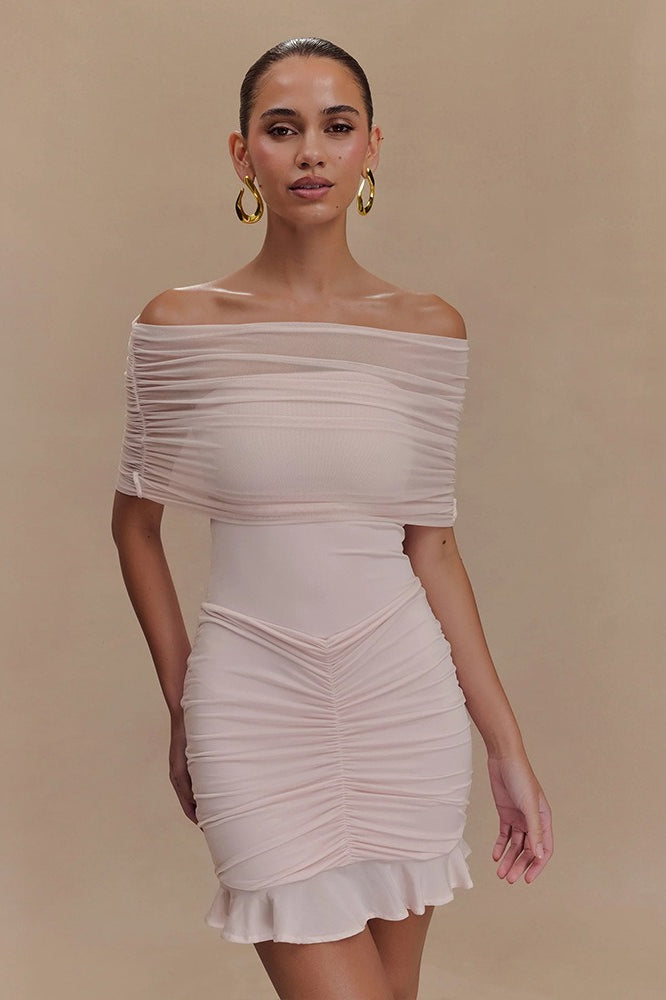 Foldover Off-Shoulder Ruched Bodycon Mini Dress
