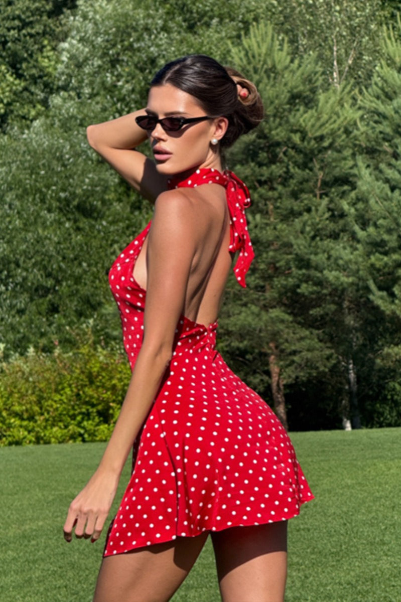 Polka Dot Halter Neck Backless Flared Mini Dress