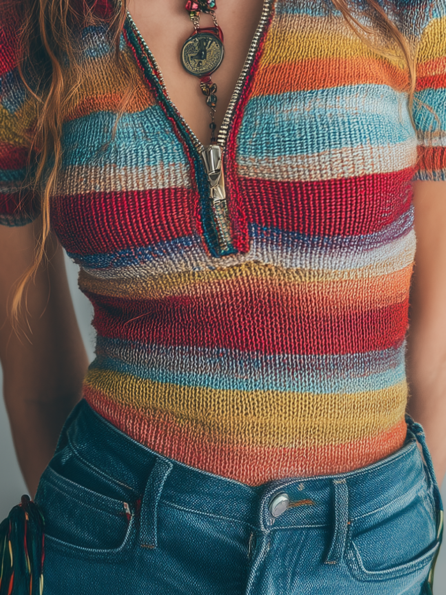 Retro Zipper Collar Colorful Striped Short Sleeve Knitted Blouse - Fashionpara