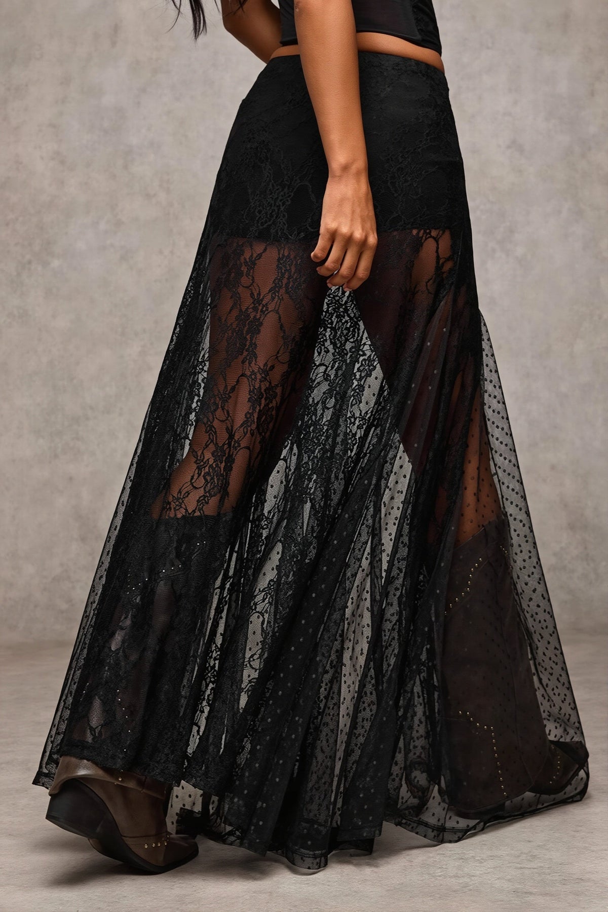 Lace Trim Low Waist Bodycon Maxi Skirt