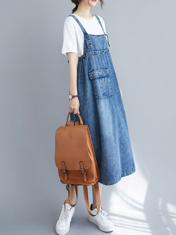 Denim Bib Strap Cargo Pocket Loose Fit Midi Overall Dress - View 4