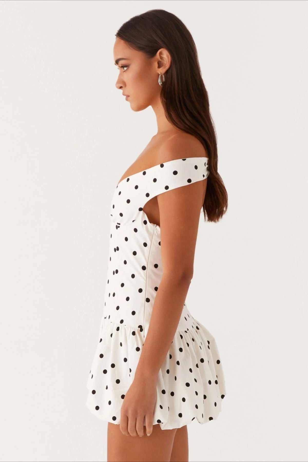 Polka Dot Off Shoulder Sweetheart Bubble Hem Mini Dress