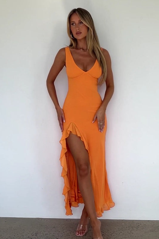 V-Neck Sleeveless Ruffle High Slit Bodycon Maxi Dress