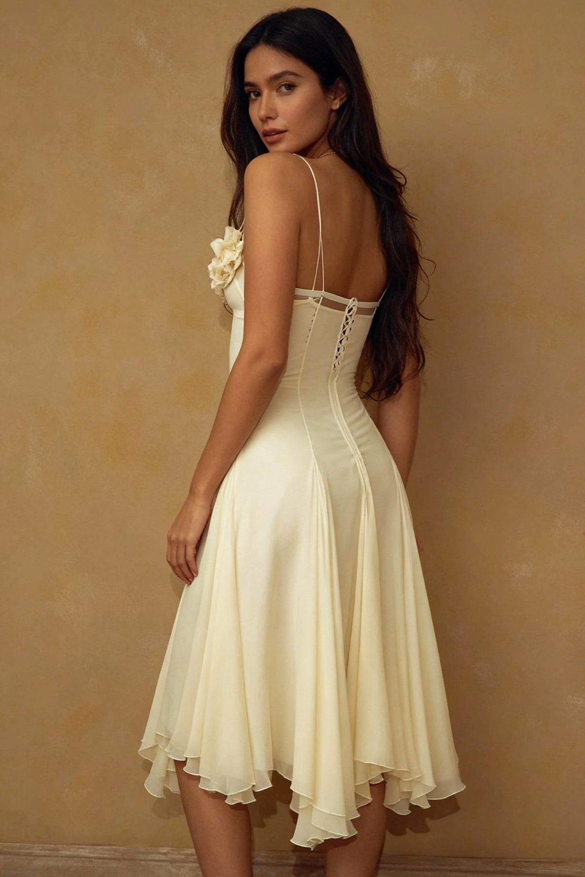 Chiffon Lace Up Rosette Trim Midi Dress 4