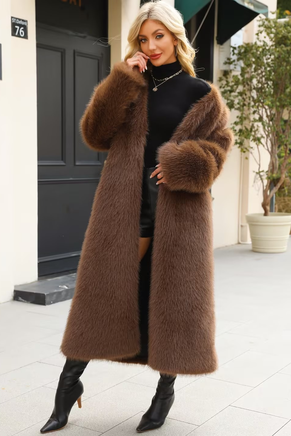 Chic V Neck Faux Fur Cozy Longline Overcoat - Fashionpara