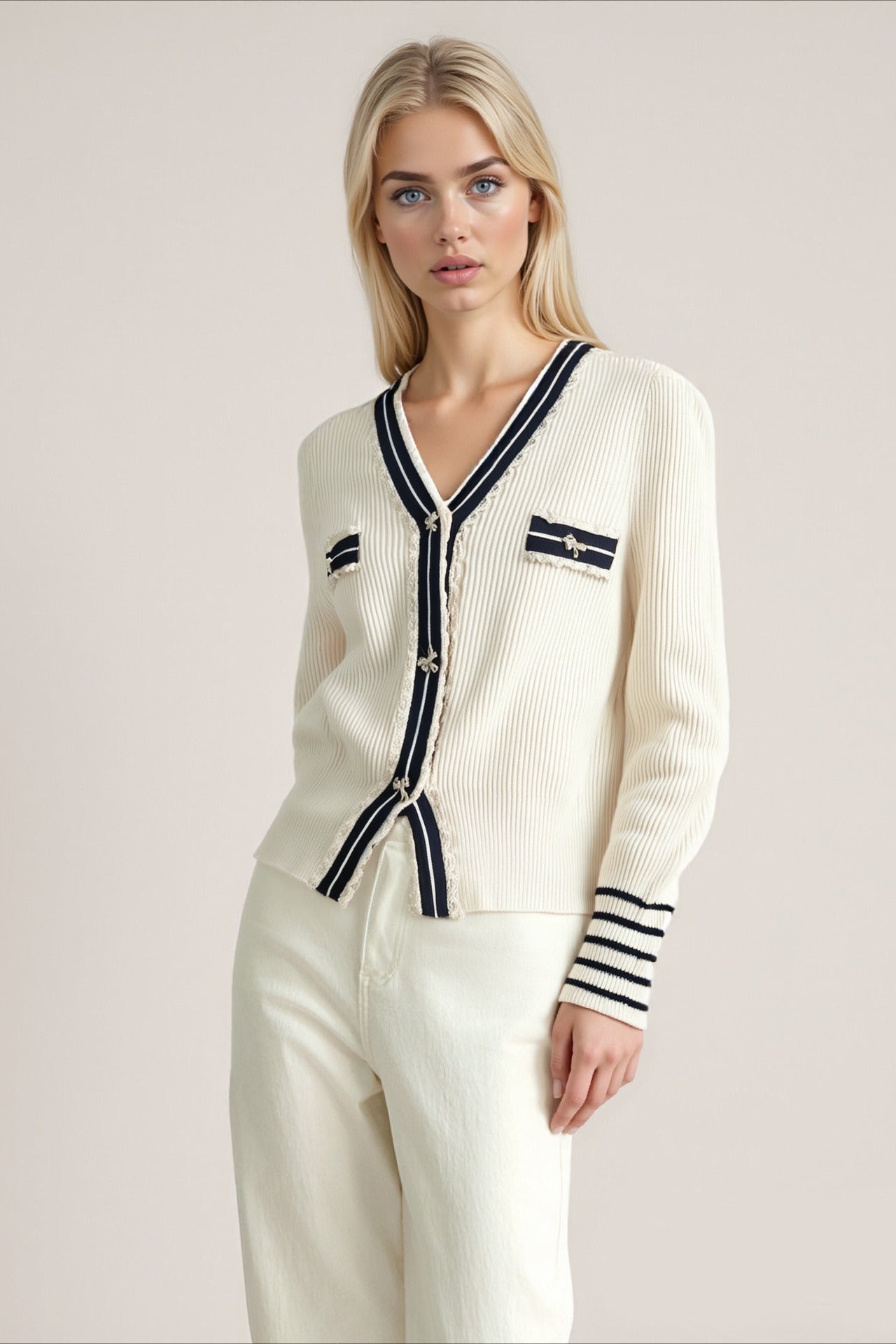 Colorblock Lace Trim V-Neck Knit Cardigan for Stylish Comfort