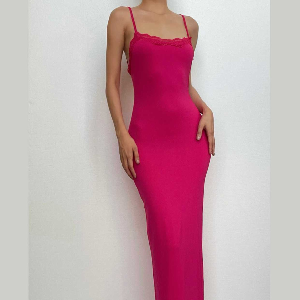 Lace hem square neck solid backless cami maxi dress - View 3