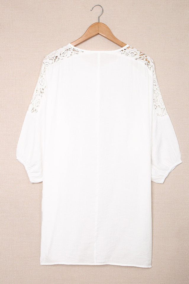Spliced Lace Three-Quarter Sleeve Cover Up - Fashionpara