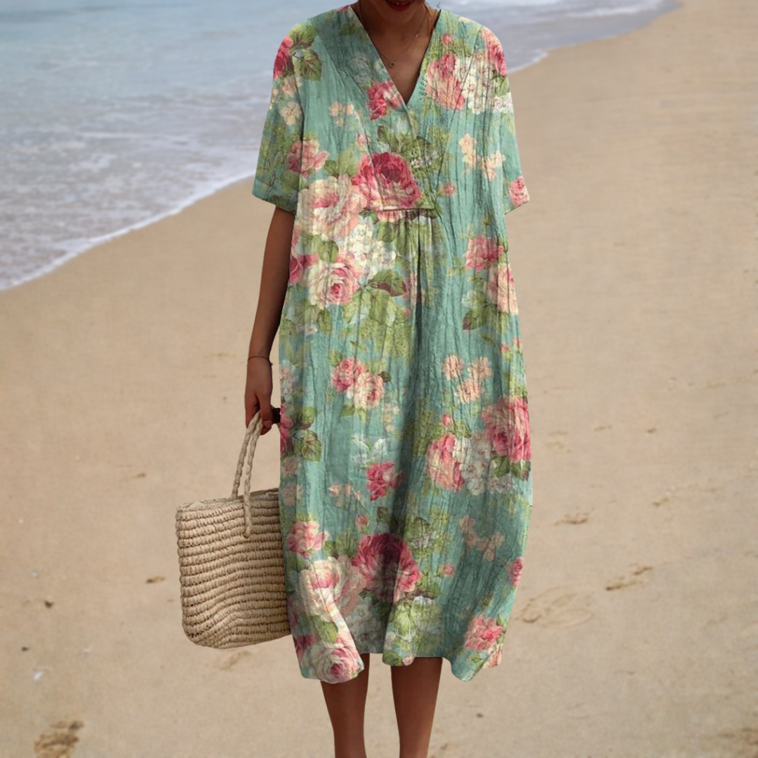 V-Neck Short Sleeve Floral Rose Midi Dress