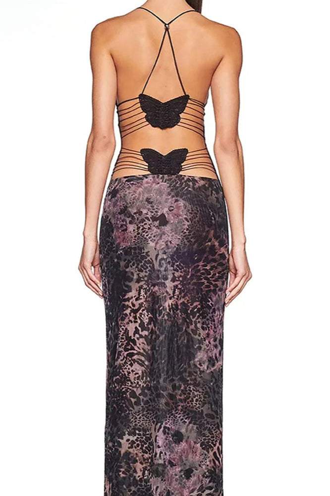 Weird Puss Print Backless Maxi Dress