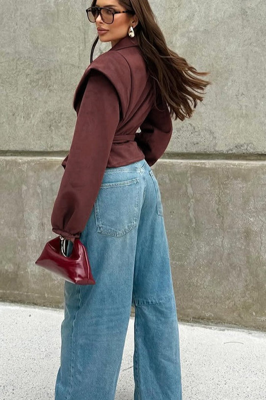 Loose Fit V Neck Suede Coat - Fashionpara