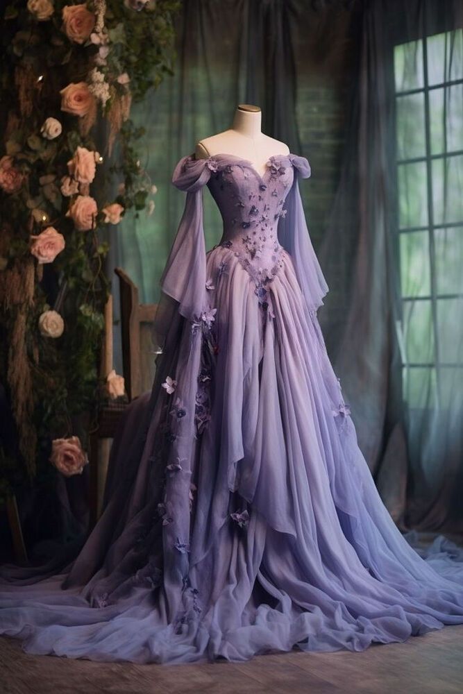 Purple Tulle Prom Dress One Shoulder Fairy Long Sleeve 3D Floral Appliques Evening Dress - Fashionpara