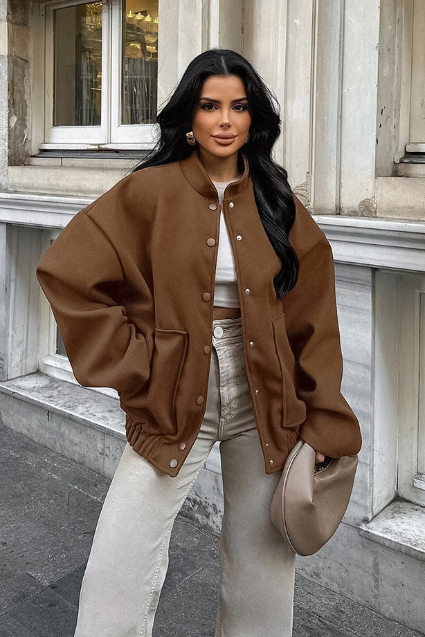 Elegant Melange Brown Wool Coat with Stand Collar Design