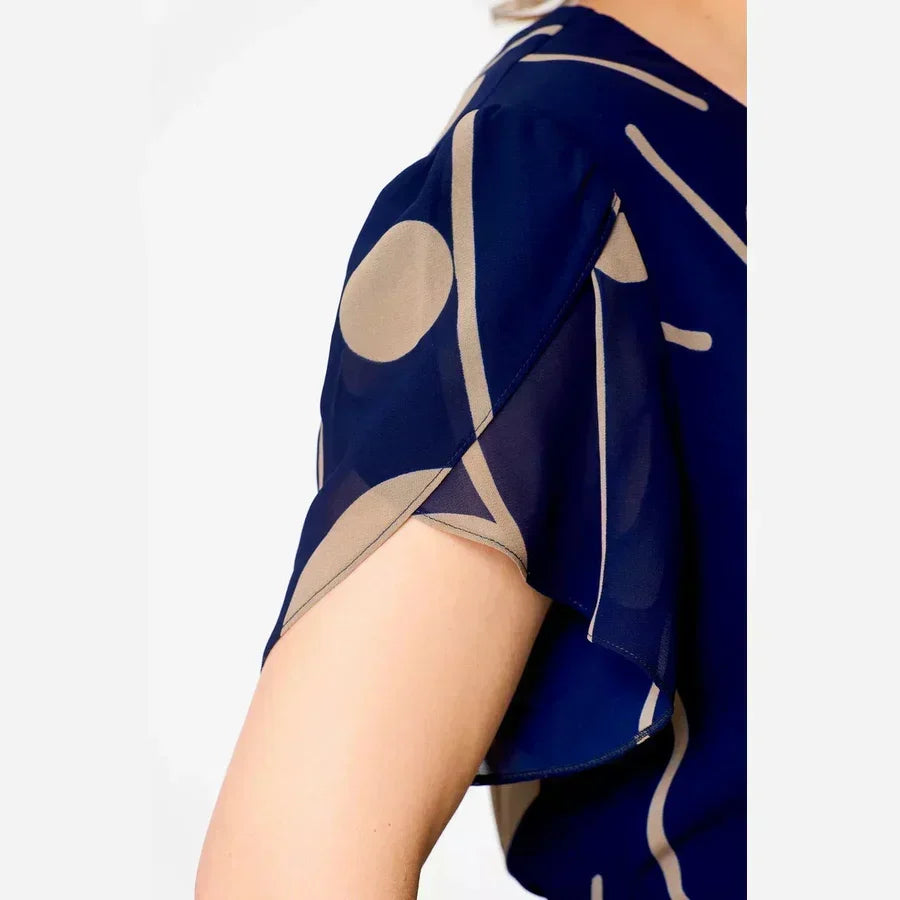 Round Neck Flutter Sleeve Abstract Print Chiffon Midi Dress 3