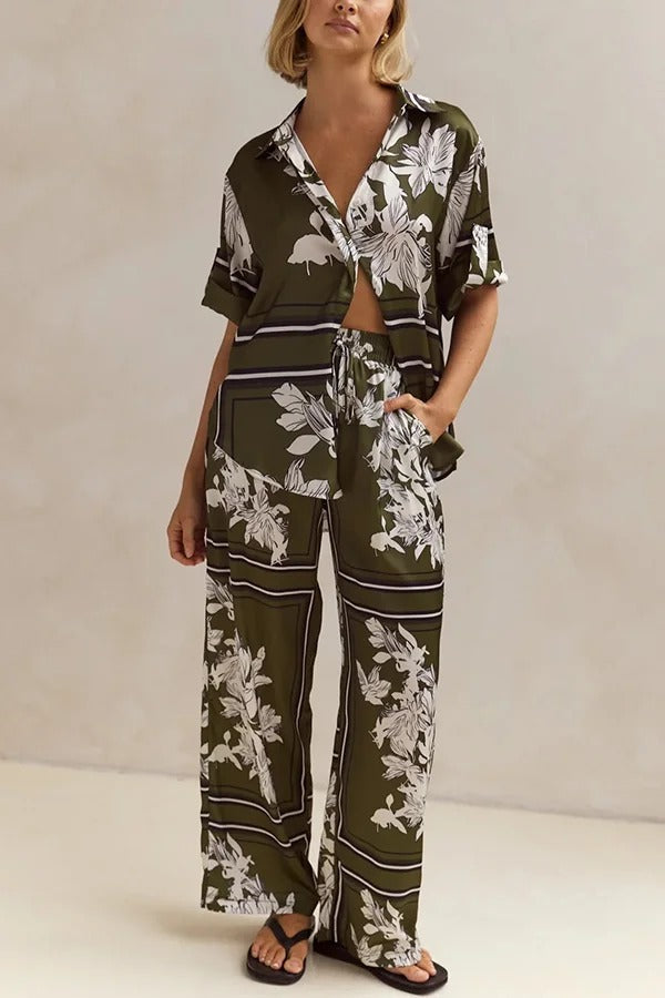 Fashionable Plant Print Loose Lapel Short Sleeve Shirt and Casual Elastic Waist Pocket Pants Set - Fashionpara