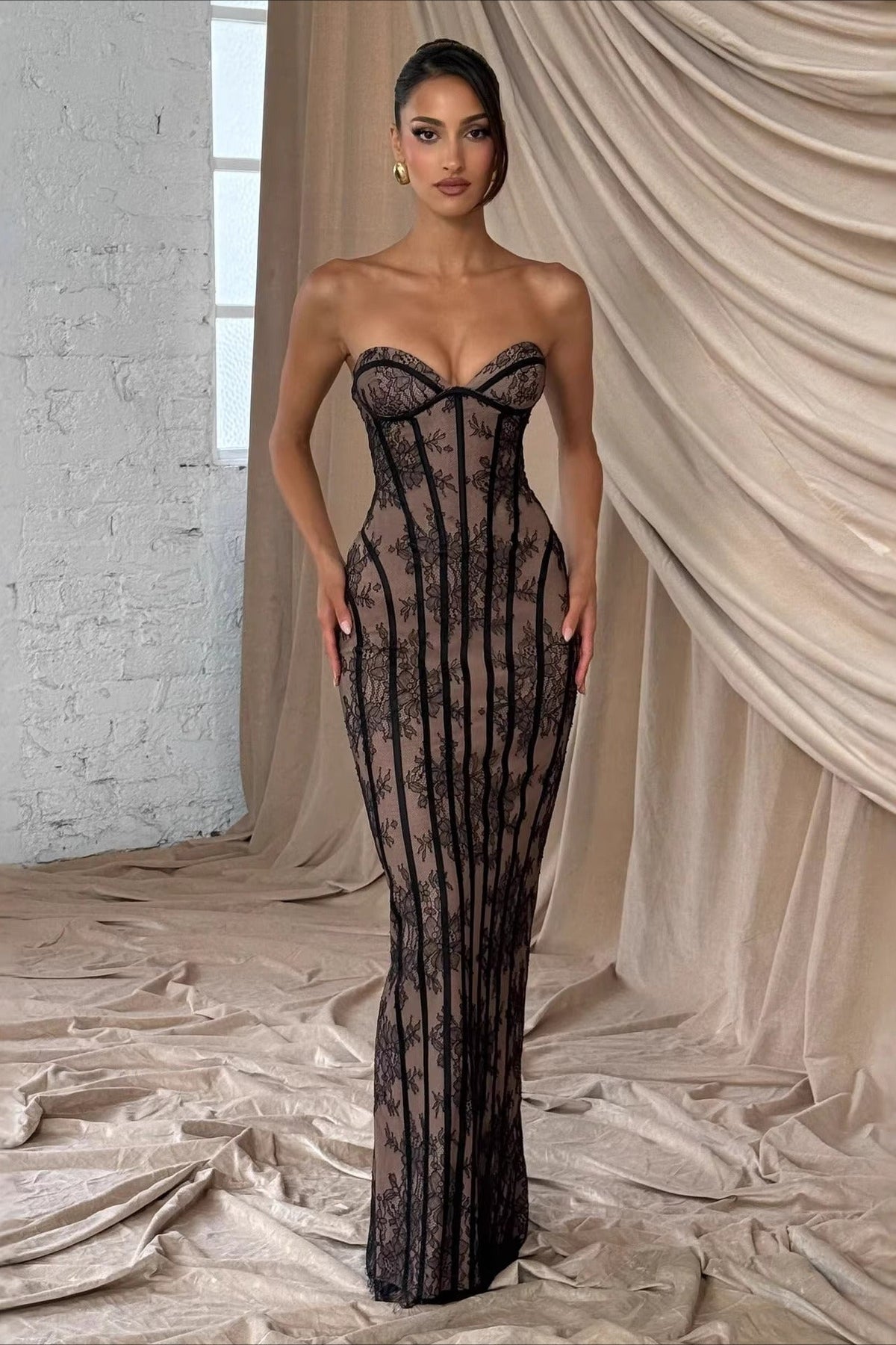 Lace Strapless Sweetheart Corset Boned Mermaid Maxi Dress