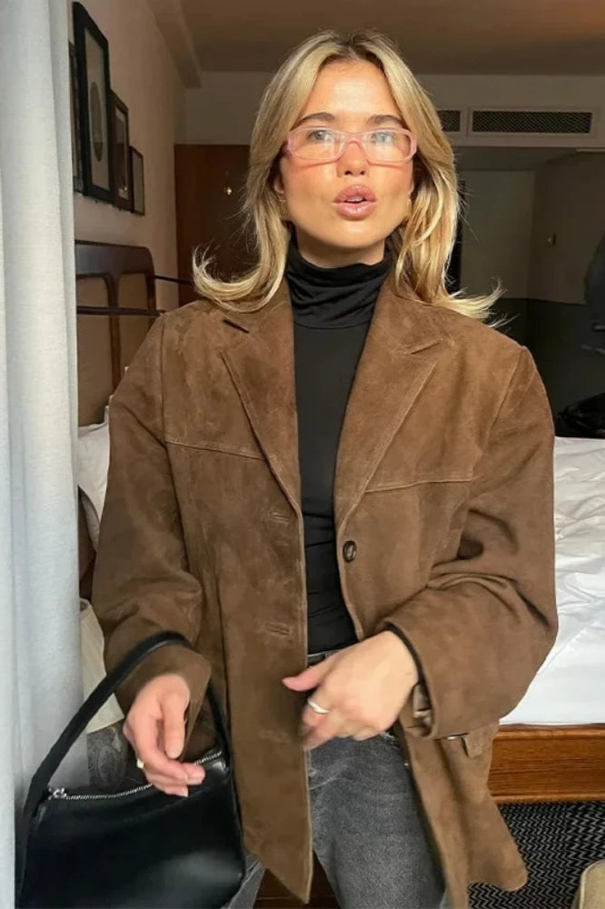 Brown Single-Breasted Suede Blazer