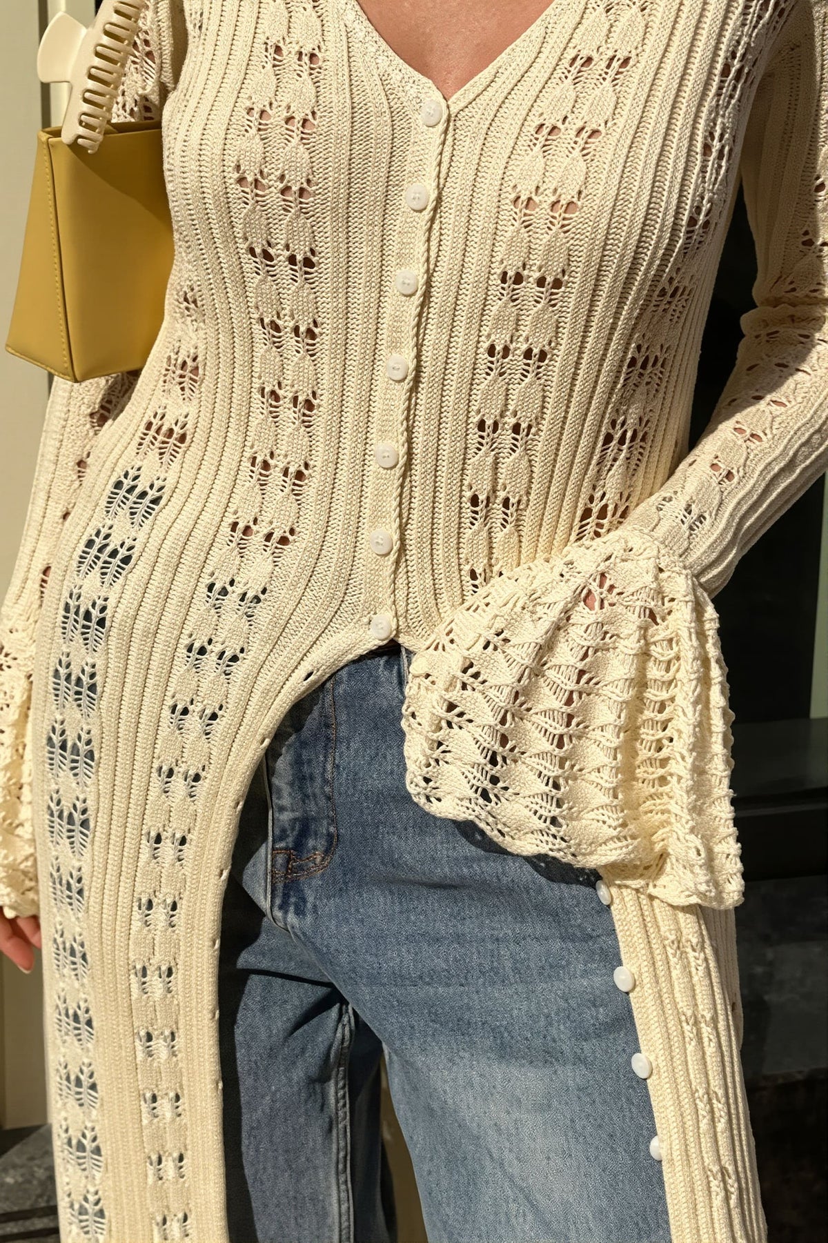Openwork Bell Sleeve Maxi Cardigan