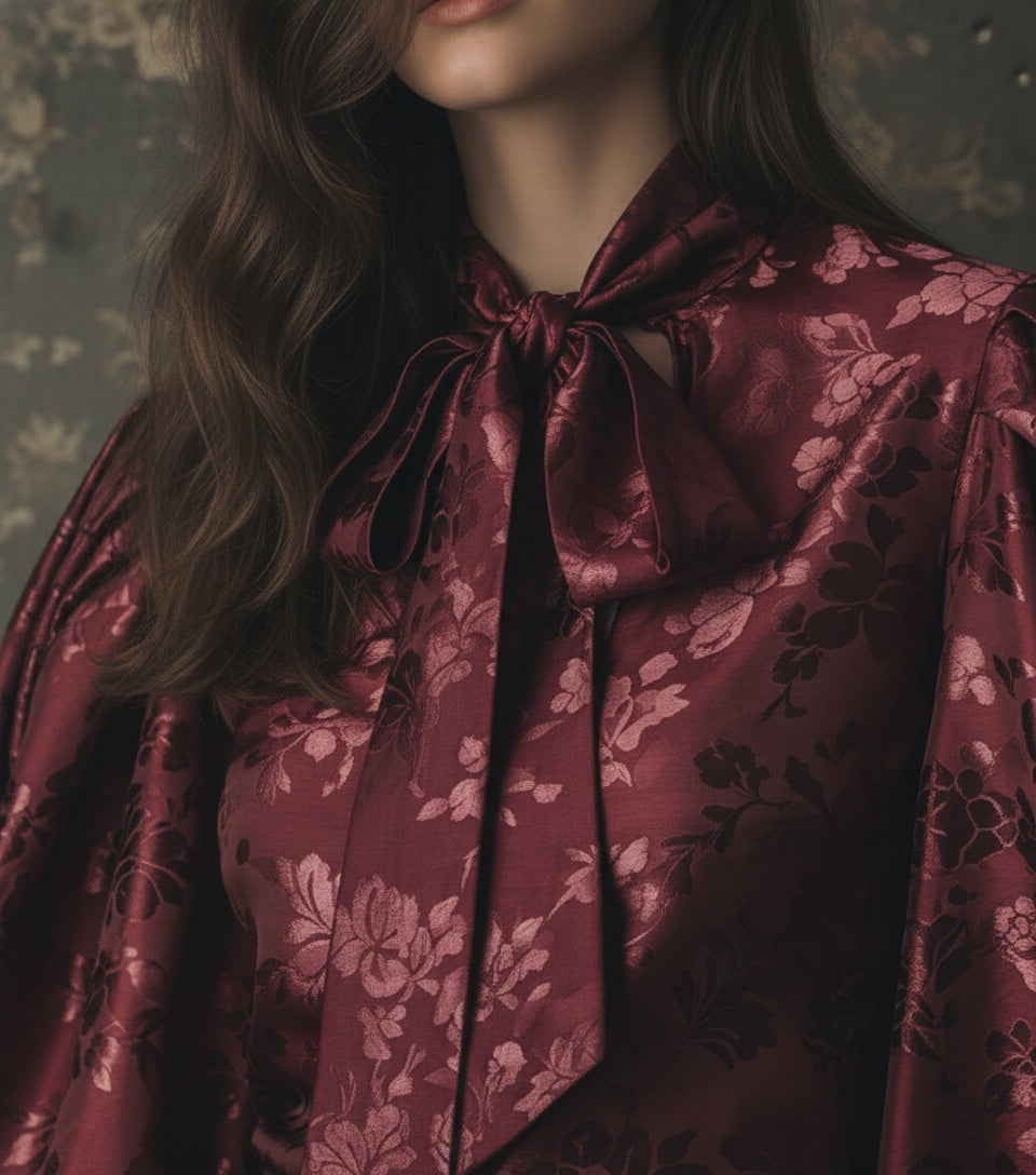 The Crimson Damask Puff-Sleeve Blouse - Fashionpara