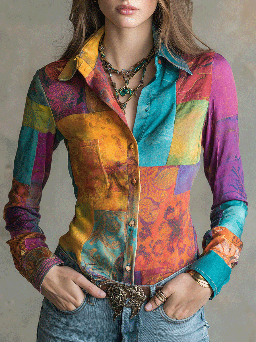 Retro Bohemian Multicolor Patchwork Button-Up Blouse