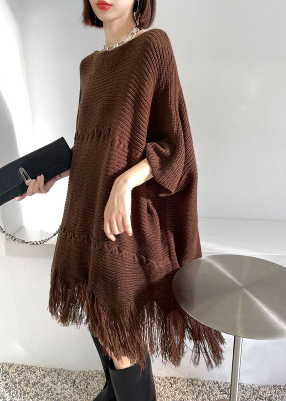 Knit Tassel Fringe Batwing Sleeve Oversized Mini Sweater Dress - View 4
