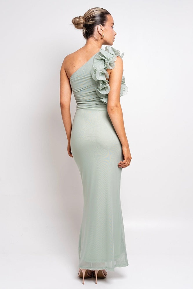 One-Shoulder Ruffle Cutout Mesh Bodycon Maxi Dress