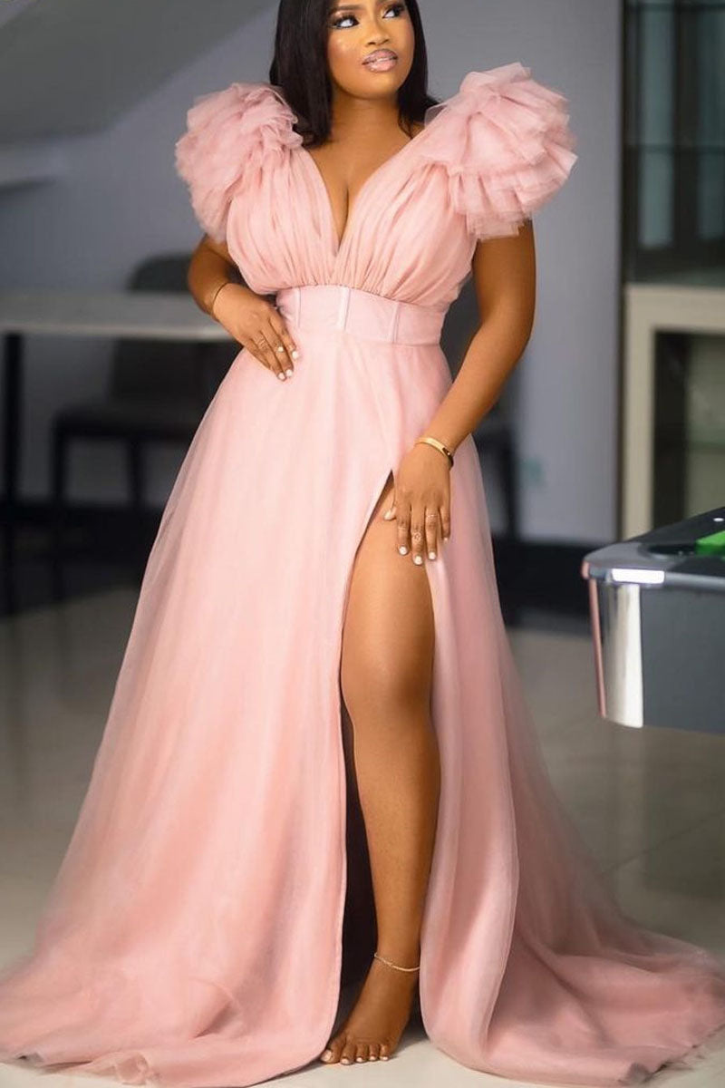 Plus Size Split Joint V Neck Tulle Ruffle Trailing Maxi Dress  Fashionpara