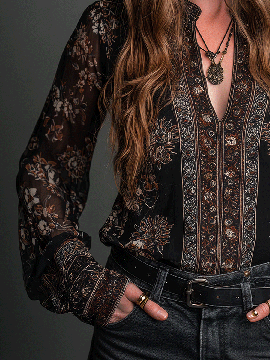 Vintage Sheer Boho Noir Floral Blouse
