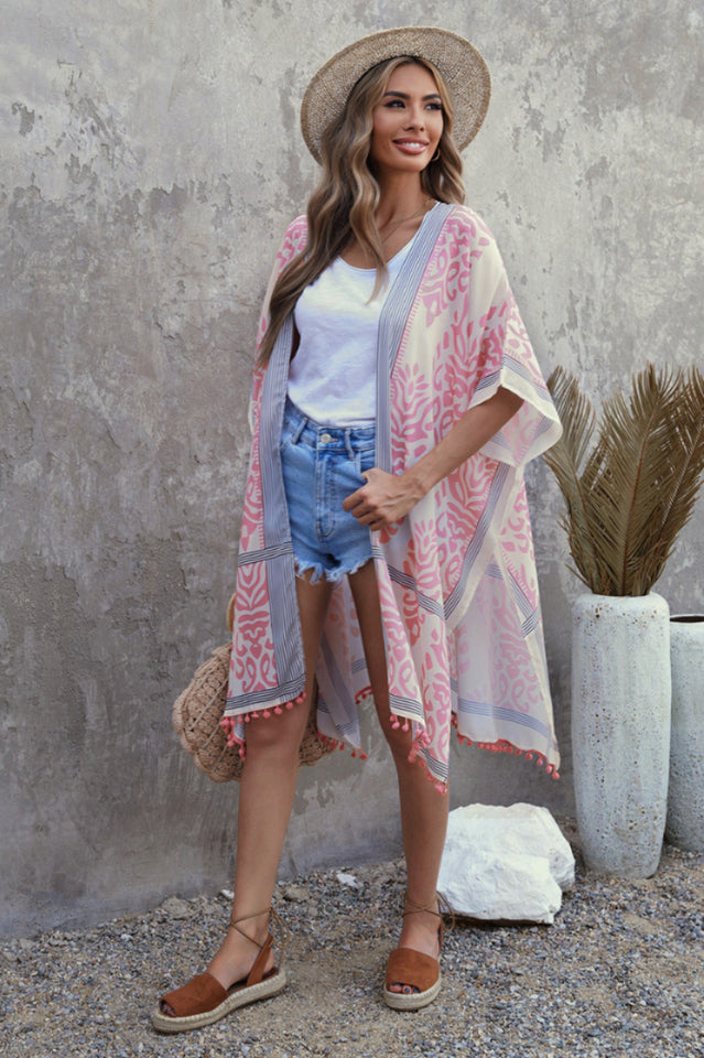 Seaside Resort Kimono Cardigan with Pompom Detail