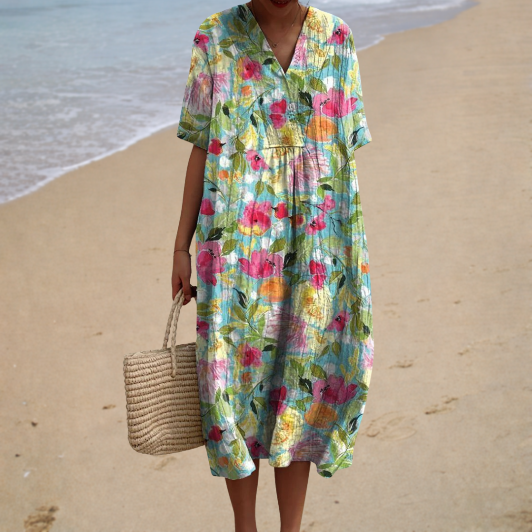 Painted Floral V-Neck Short Sleeve Loose Midi Dress