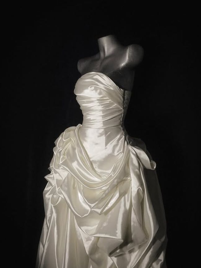 Gentle A Line Strapless Pleated White Satin Long Wedding Dress