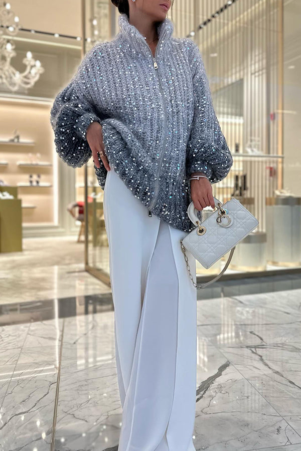 Warm Heart Sequin Balloon Sleeve Zipper Cardigan for Comfort