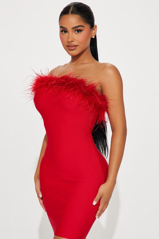 Feather Trim Strapless Party Dress
