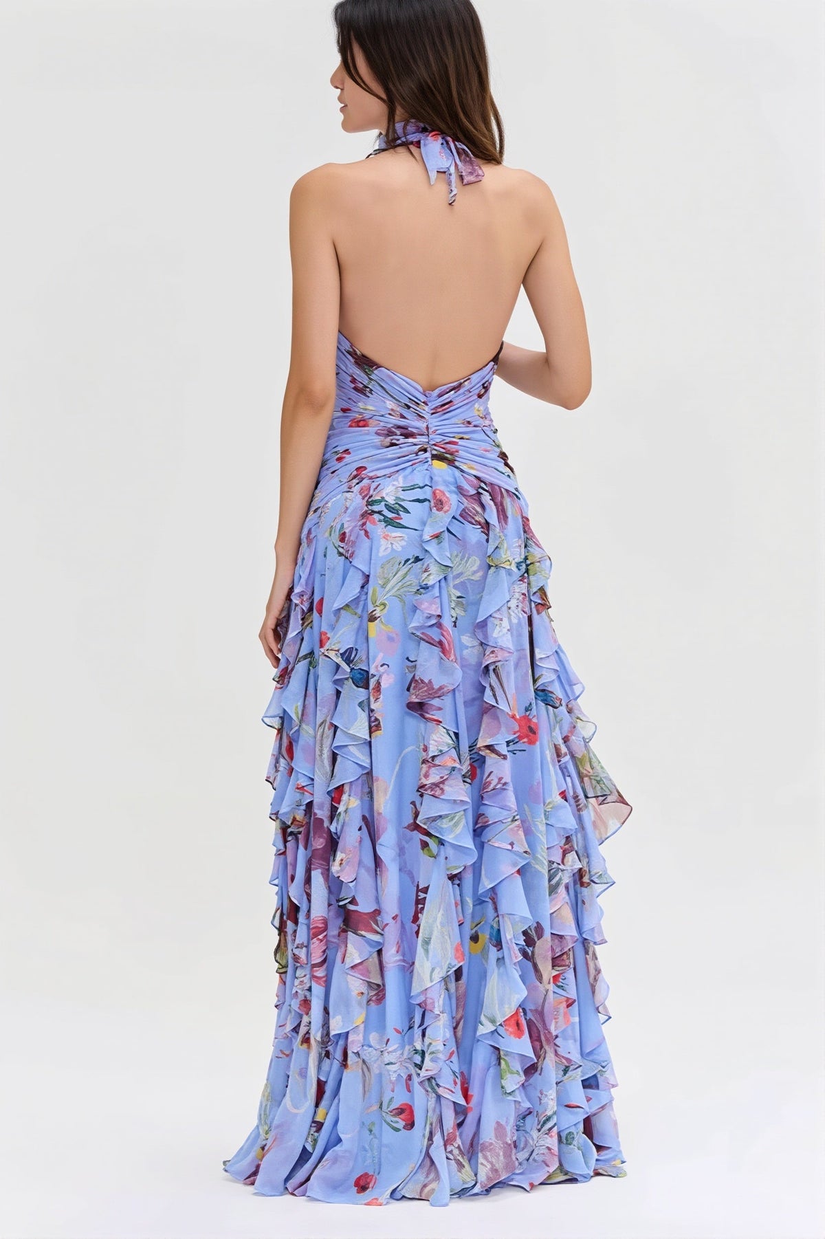 Floral Ruffle Halter Neck High Split Maxi Gown