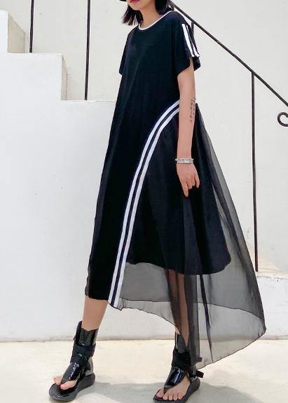 Mesh Overlay Crew Neck Short Sleeve Pocket Diagonal Stripe Midi Dress - View 4