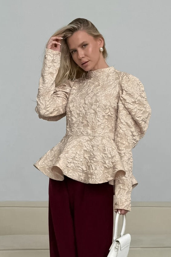 Textured Puff Sleeve Peplum Top