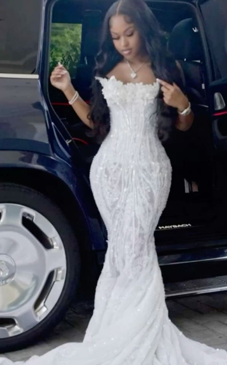 Pretty Strapless White Tulle Lace Appliques Beaded Mermaid Evening Dress Long Prom Dresses D1132