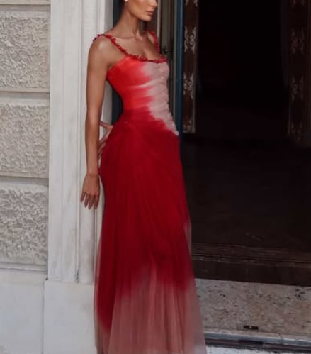 Pretty Spaghetti Straps Tulle Pleated Beaded Mermaid Prom Dress Formal Party Gown D1024