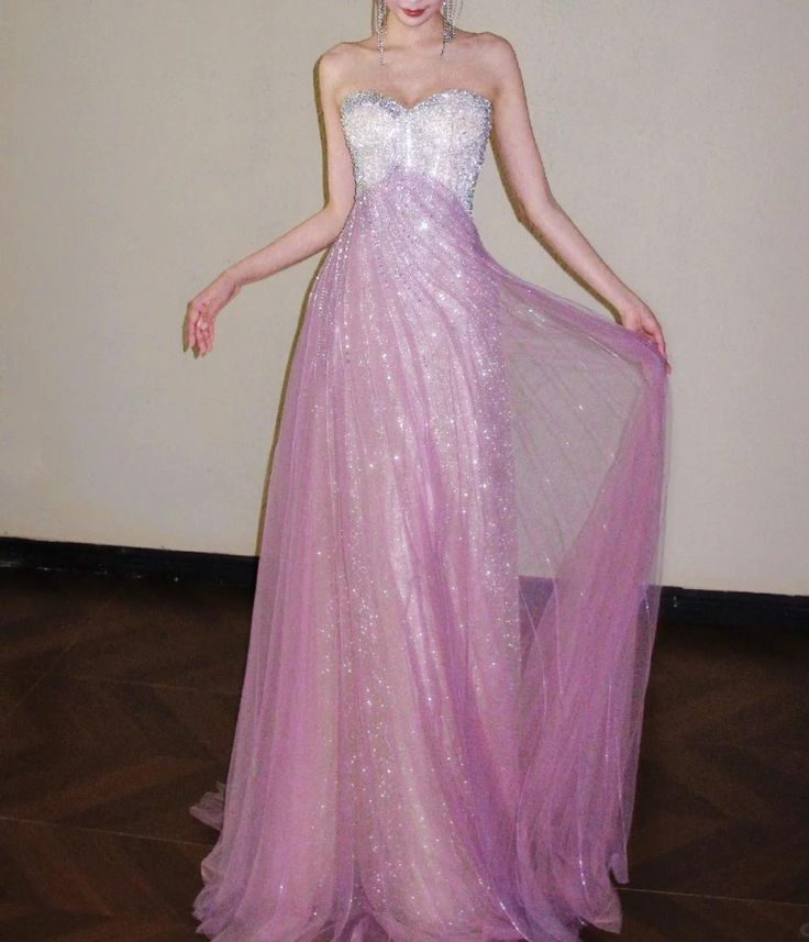 Glitter Strapless Pink Tulle Sequin A Line Long Party Dress Evening Gown D1579