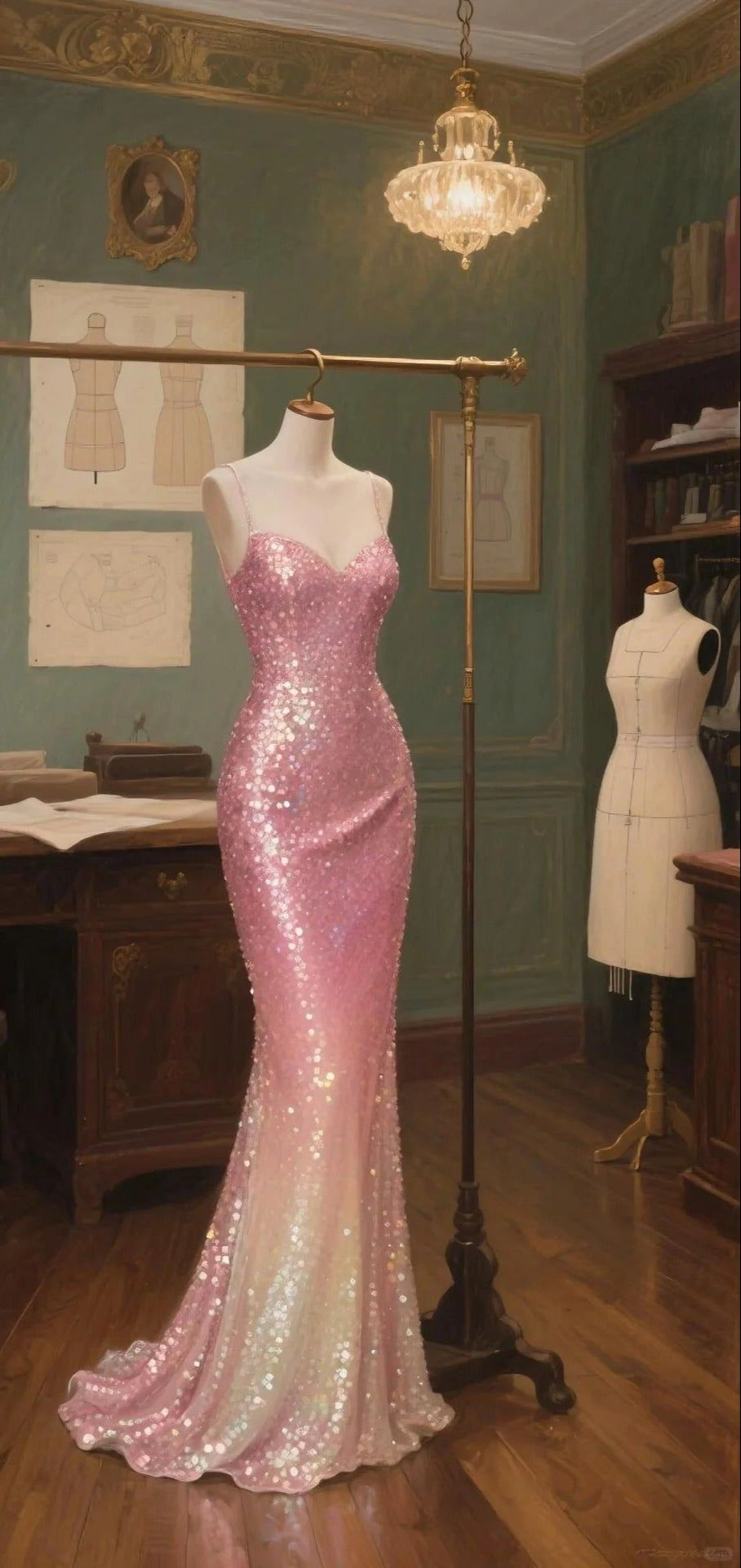 Sparkly Spaghetti Straps Pink Sequin Mermaid Long Party Dress Evening Gown  D1659