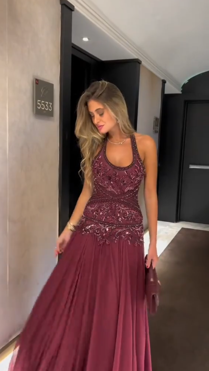 Vintage Halter Chiffon Beaded Prom Dress Long Mermaid Evening Dress D902