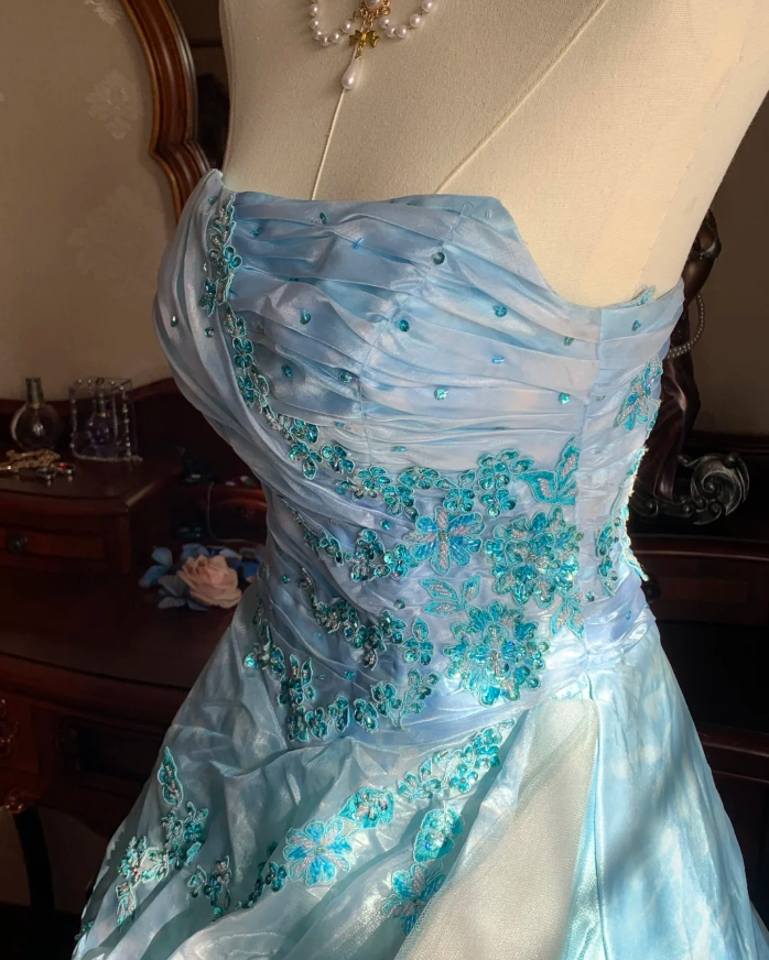 Elegant Blue Strapless Tulle Satin Appliques Long Party Dress Birthday Prom Gown D1772